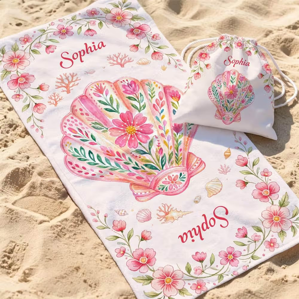 Vestin Telo da spiaggia personalizzato - ANIMALI MARINI ROSA - con Nome personalizzato - asciugamano da bagno asciugamano da piscina asciugamano da spiaggia per vacanze