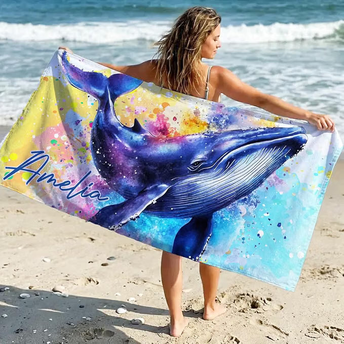 Vestin Telo da spiaggia personalizzato - BALENA ACQUERELLATA - con Nome personalizzato - asciugamano da bagno asciugamano da piscina asciugamano da spiaggia per vacanze