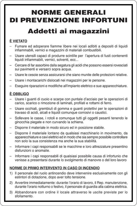 GLOBAL CARTELLO SEGNALETICO - NORME DI SICUREZZA PER GLI ADDETTI AI MAGAZZINI - Adesivo Resistente, Pannello in Forex, Pannello In Alluminio