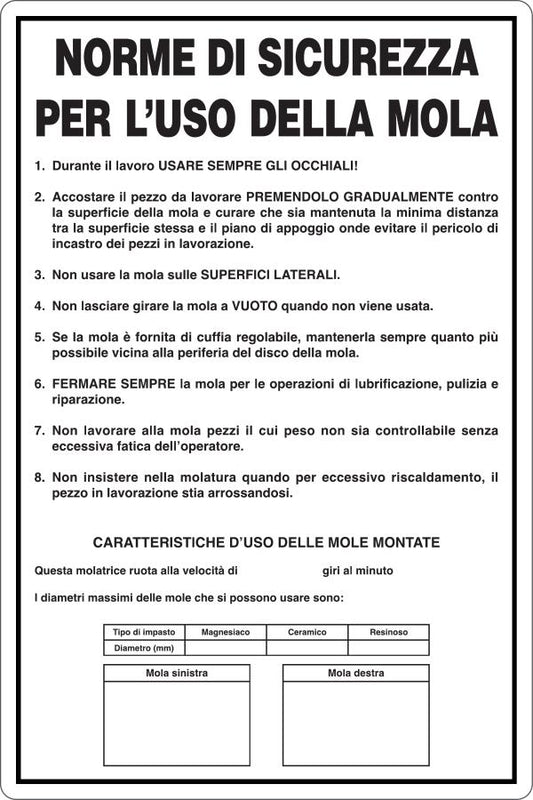 GLOBAL CARTELLO SEGNALETICO - USO DELLA MOLA - NORME DI SICUREZZA - Adesivo Resistente, Pannello in Forex, Pannello In Alluminio