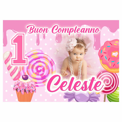 GLOBAL STRISCIONE FONDALE COMPLEANNO - Candy Caramelle - STRISCIONE PERSONALIZZATO IN CARTA O IN BANNER PVC ANCHE DA ESTERNO GARANZIA 5 ANNI