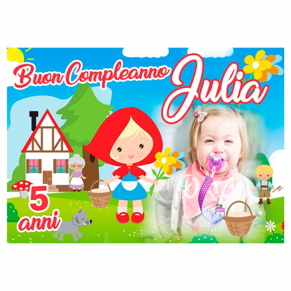 GLOBAL STRISCIONE FONDALE COMPLEANNO - Cappuccetto Rosso - STRISCIONE PERSONALIZZATO IN CARTA O IN BANNER PVC ANCHE DA ESTERNO GARANZIA 5 ANNI