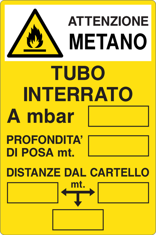 GLOBAL CARTELLO SEGNALETICO - ATTENZIONE METANO TUBO INTERRATO - Adesivo Resistente, Pannello in Forex, Pannello In Alluminio