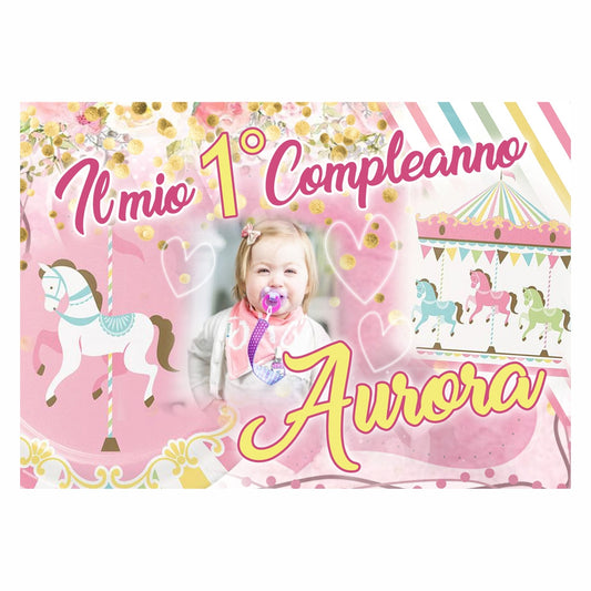 GLOBAL STRISCIONE FONDALE COMPLEANNO - Carosello Giostrine - STRISCIONE PERSONALIZZATO IN CARTA O IN BANNER PVC ANCHE DA ESTERNO GARANZIA 5 ANNI
