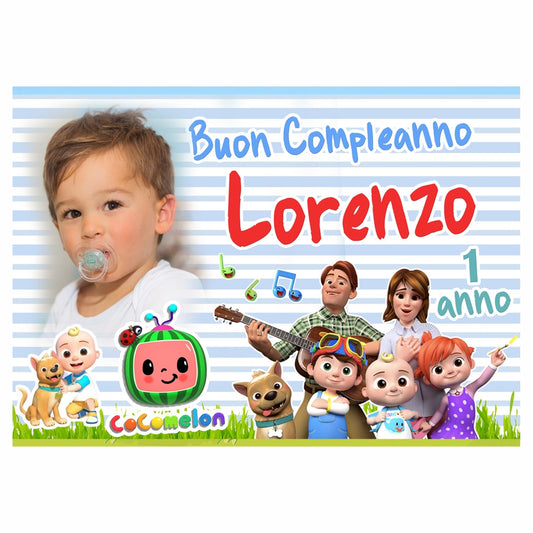GLOBAL STRISCIONE FONDALE COMPLEANNO - Cocomelon - STRISCIONE PERSONALIZZATO IN CARTA O IN BANNER PVC ANCHE DA ESTERNO GARANZIA 5 ANNI