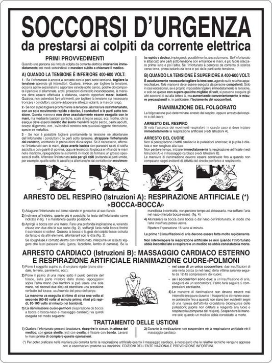GLOBAL CARTELLO SEGNALETICO - SOCCORSI DI URGENZA DA PRESTARSI AI COLPITI DA CORRENTE ELETTRICA - Adesivo Resistente, Pannello in Forex, Pannello In Alluminio