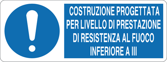 COSTRUZIONE PROGETTATA PER LIVELLO DI PRESTAZIONE DI RESISTENZA AL FUOCO INFERIORE A III - CARTELLO SEGNALETICO UNI ISO 7010 in Adesivo, Pannello in Forex, Pannello In Alluminio