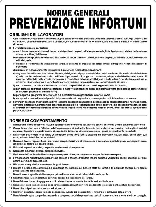 GLOBAL CARTELLO SEGNALETICO - NORME GENERALI PREVENZIONE INFORTUNI - Adesivo Resistente, Pannello in Forex, Pannello In Alluminio