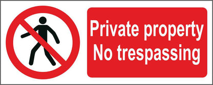 Private Property No Trespassing - CARTELLO SEGNALETICO UNI ISO 7010 in Adesivo Resistente, Pannello in Forex, Pannello In Alluminio