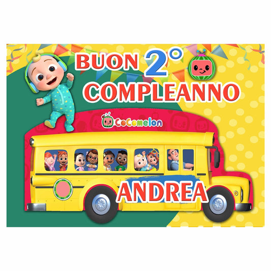 GLOBAL STRISCIONE FONDALE COMPLEANNO - Cocomelon mod 3 - STRISCIONE PERSONALIZZATO IN CARTA O IN BANNER PVC ANCHE DA ESTERNO GARANZIA 5 ANNI