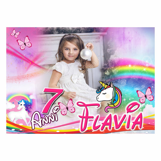 GLOBAL STRISCIONE FONDALE COMPLEANNO - Compleanno Unicorno - STRISCIONE PERSONALIZZATO IN CARTA O IN BANNER PVC ANCHE DA ESTERNO GARANZIA 5 ANNI