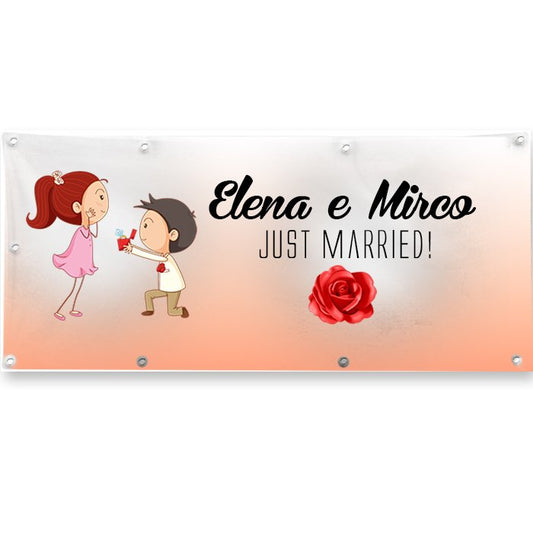 GLOBAL STRISCIONE FONDALE MATRIMONIO - JUST MARRIED ROSA - PERSONALIZZATO IN CARTA O IN BANNER PVC ANCHE DA ESTERNO GARANZIA 5 ANNI