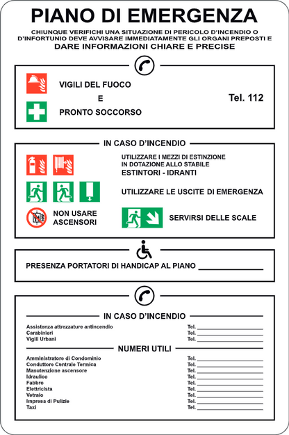 GLOBAL CARTELLO SEGNALETICO - PIANO DI EMERGENZA CON NUMERO UNICO - Adesivo Resistente, Pannello in Forex, Pannello In Alluminio