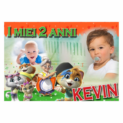 GLOBAL STRISCIONE FONDALE COMPLEANNO - 44 Gatti - STRISCIONE PERSONALIZZATO IN CARTA O IN BANNER PVC ANCHE DA ESTERNO GARANZIA 5 ANNI