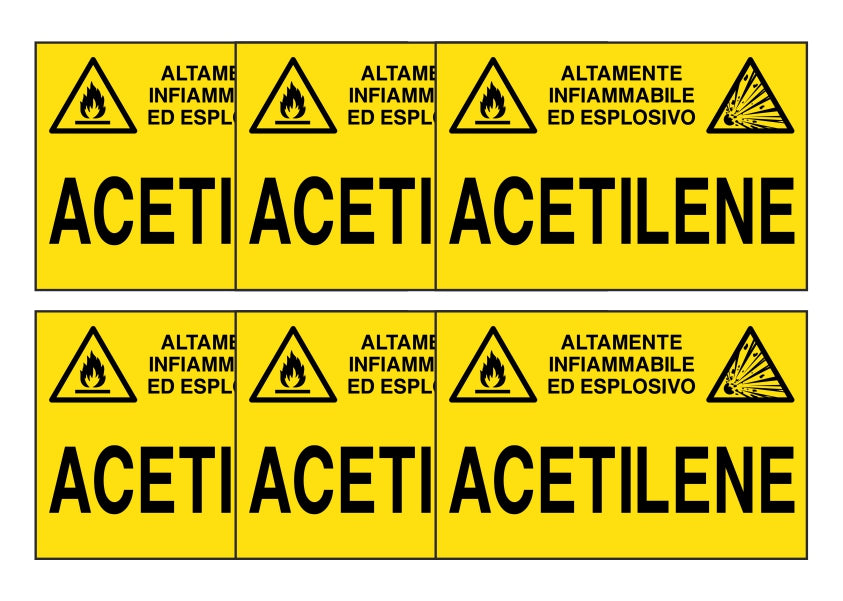 KIT DI 6 ADESIVI RETTANGOLARI - ACETILENE - Pittogramma ISO 7010 Con Stampa Diretta U.V. (IDEALE ANCHE PER ESTERNO)