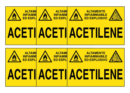 KIT DI 6 ADESIVI RETTANGOLARI - ACETILENE - Pittogramma ISO 7010 Con Stampa Diretta U.V. (IDEALE ANCHE PER ESTERNO)