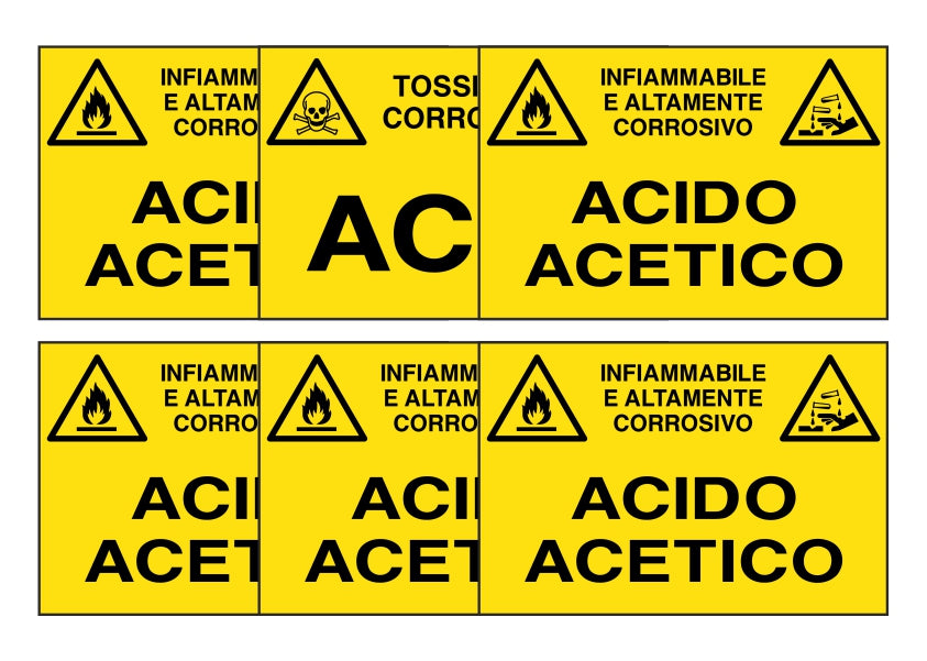 KIT DI 6 ADESIVI RETTANGOLARI - ACIDO ACETICO - Pittogramma ISO 7010 Con Stampa Diretta U.V. (IDEALE ANCHE PER ESTERNO)