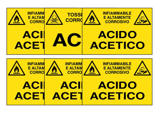 KIT DI 6 ADESIVI RETTANGOLARI - ACIDO ACETICO - Pittogramma ISO 7010 Con Stampa Diretta U.V. (IDEALE ANCHE PER ESTERNO)
