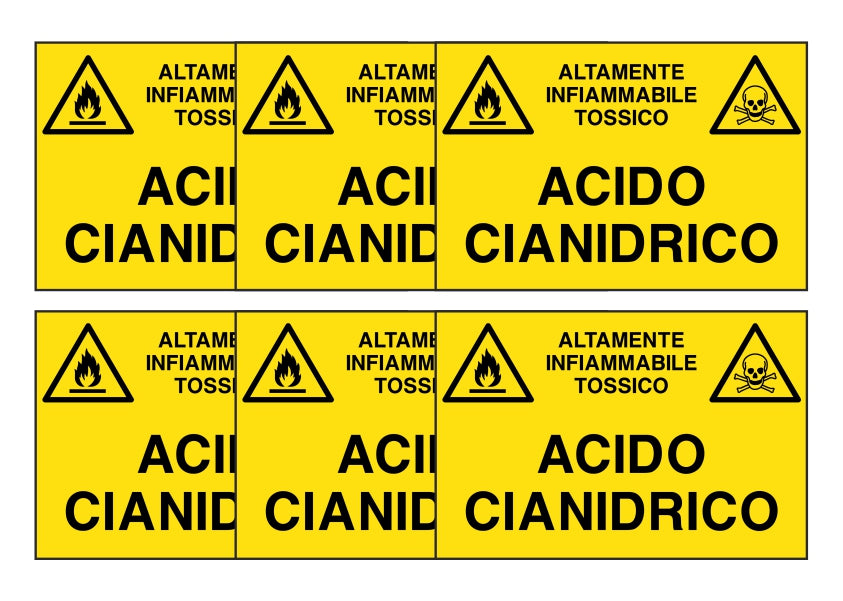 KIT DI 6 ADESIVI RETTANGOLARI - ACIDO CIANIDRICO - Pittogramma ISO 7010 Con Stampa Diretta U.V. (IDEALE ANCHE PER ESTERNO)