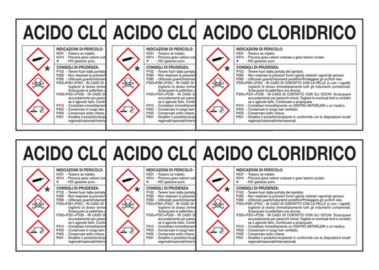 KIT DI 6 ADESIVI RETTANGOLARI - ACIDO CLORIDRICO RISCHI E CONSIGLI DI PRUDENZA - Pittogramma ISO 7010 Con Stampa Diretta U.V. (IDEALE ANCHE PER ESTERNO)