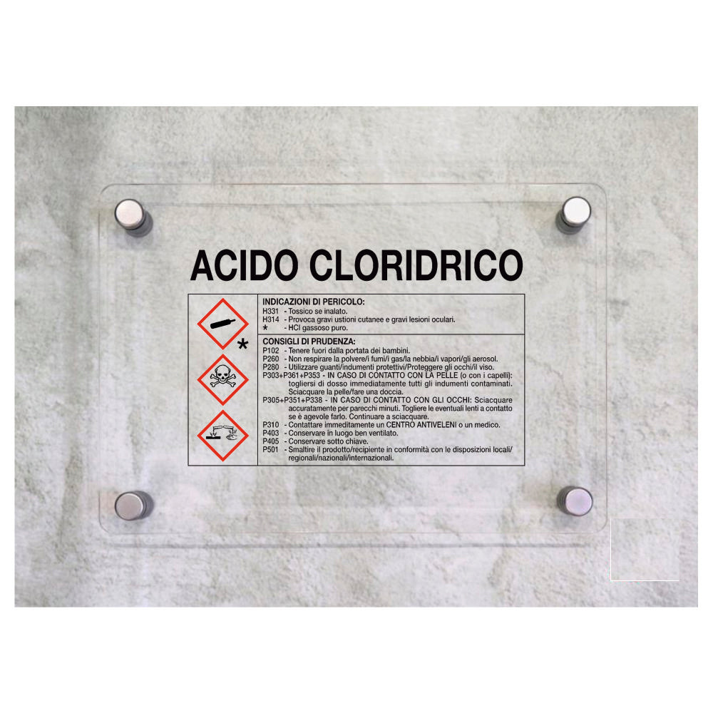 Global Targa Cartello in plexiglass - ACIDO CLORIDRICO RISCHI E CONSIGLI DI PRUDENZA - Con Distanziali in acciaio inox, Stampa UV.