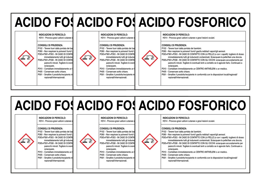 KIT DI 6 ADESIVI RETTANGOLARI - ACIDO FOSFORICO - Pittogramma ISO 7010 Con Stampa Diretta U.V. (IDEALE ANCHE PER ESTERNO)