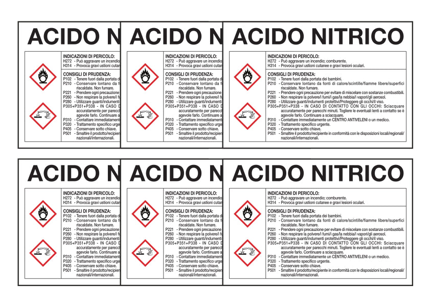 KIT DI 6 ADESIVI RETTANGOLARI - ACIDO NITRICO RISCHI E CONSIGLI DI PRUDENZA - Pittogramma ISO 7010 Con Stampa Diretta U.V. (IDEALE ANCHE PER ESTERNO)