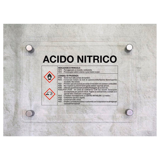 Global Targa Cartello in plexiglass - ACIDO NITRICO RISCHI E CONSIGLI DI PRUDENZA - Con Distanziali in acciaio inox, Stampa UV.