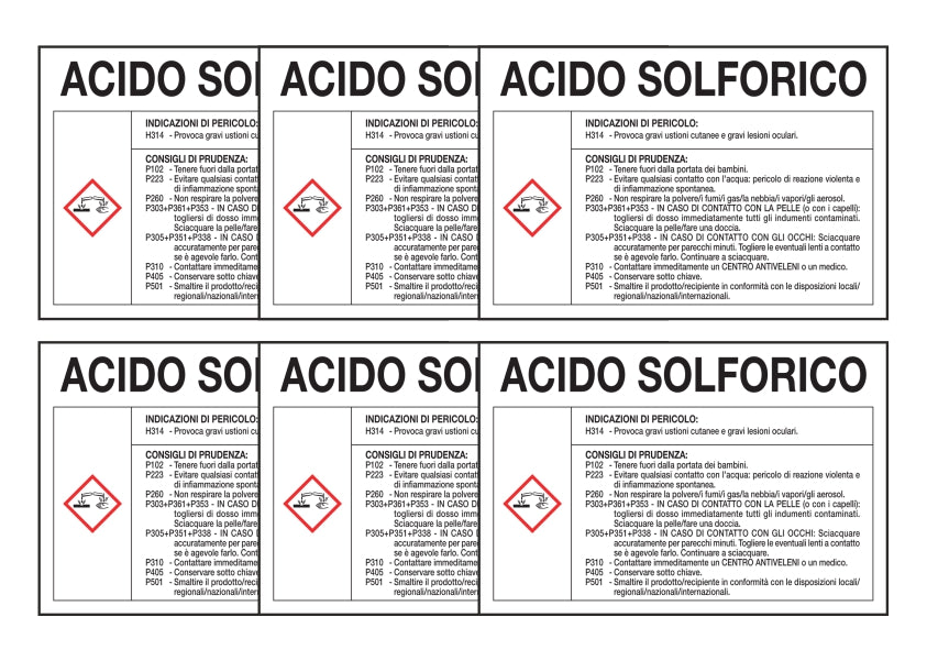 KIT DI 6 ADESIVI RETTANGOLARI - ACIDO SOLFORICO RISCHI E CONSIGLI DI PRUDENZA - Pittogramma ISO 7010 Con Stampa Diretta U.V. (IDEALE ANCHE PER ESTERNO)