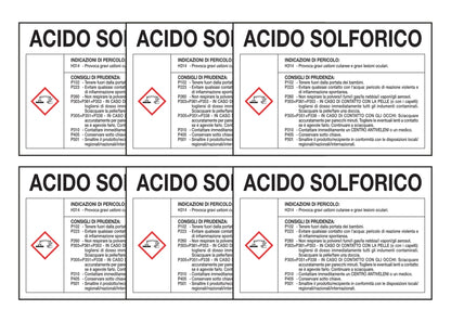 KIT DI 6 ADESIVI RETTANGOLARI - ACIDO SOLFORICO RISCHI E CONSIGLI DI PRUDENZA - Pittogramma ISO 7010 Con Stampa Diretta U.V. (IDEALE ANCHE PER ESTERNO)