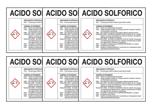 KIT DI 6 ADESIVI RETTANGOLARI - ACIDO SOLFORICO RISCHI E CONSIGLI DI PRUDENZA - Pittogramma ISO 7010 Con Stampa Diretta U.V. (IDEALE ANCHE PER ESTERNO)
