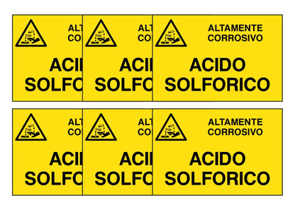 KIT DI 6 ADESIVI RETTANGOLARI - ACIDO SOLFORICO - Pittogramma ISO 7010 Con Stampa Diretta U.V. (IDEALE ANCHE PER ESTERNO)