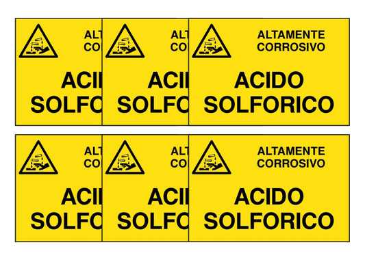KIT DI 6 ADESIVI RETTANGOLARI - ACIDO SOLFORICO - Pittogramma ISO 7010 Con Stampa Diretta U.V. (IDEALE ANCHE PER ESTERNO)