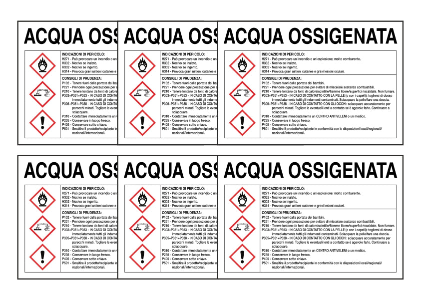 KIT DI 6 ADESIVI RETTANGOLARI - ACQUA OSSIGENATA RISCHI E CONSIGLI DI PRUDENZA - Pittogramma ISO 7010 Con Stampa Diretta U.V. (IDEALE ANCHE PER ESTERNO)