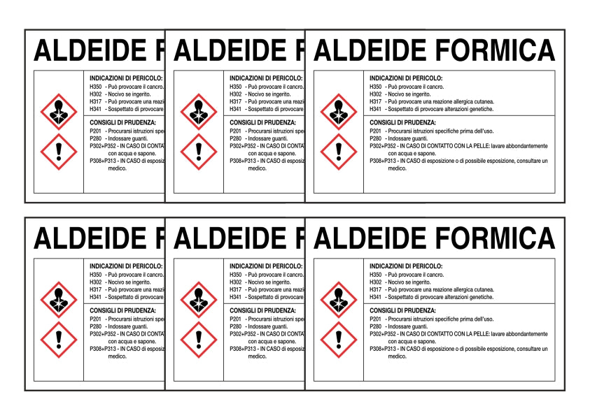 KIT DI 6 ADESIVI RETTANGOLARI - ALDEIDE FORMICA RISCHI E CONSIGLI DI PRUDENZA - Pittogramma ISO 7010 Con Stampa Diretta U.V. (IDEALE ANCHE PER ESTERNO)