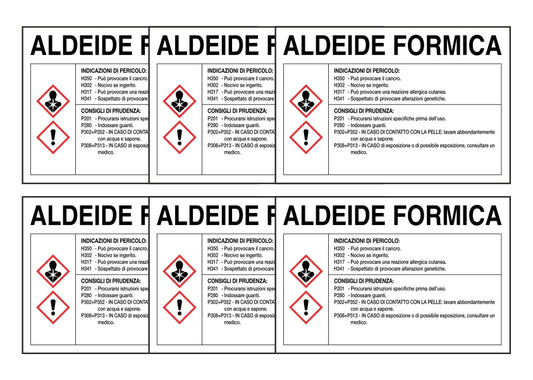 KIT DI 6 ADESIVI RETTANGOLARI - ALDEIDE FORMICA RISCHI E CONSIGLI DI PRUDENZA - Pittogramma ISO 7010 Con Stampa Diretta U.V. (IDEALE ANCHE PER ESTERNO)