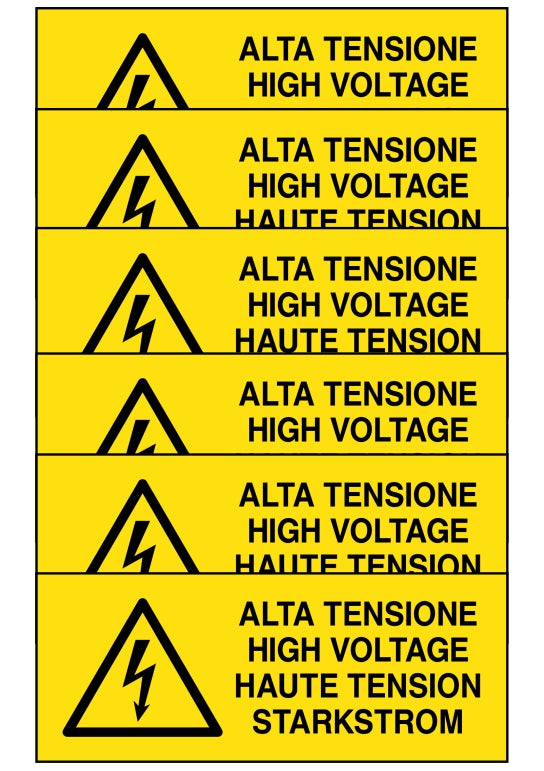GLOBAL KIT DI 6 ADESIVI UNI - ALTA TENSIONE 4 lingue - Pittogramma ISO 7010 Con Stampa Diretta U.V. (IDEALE ANCHE PER ESTERNO)