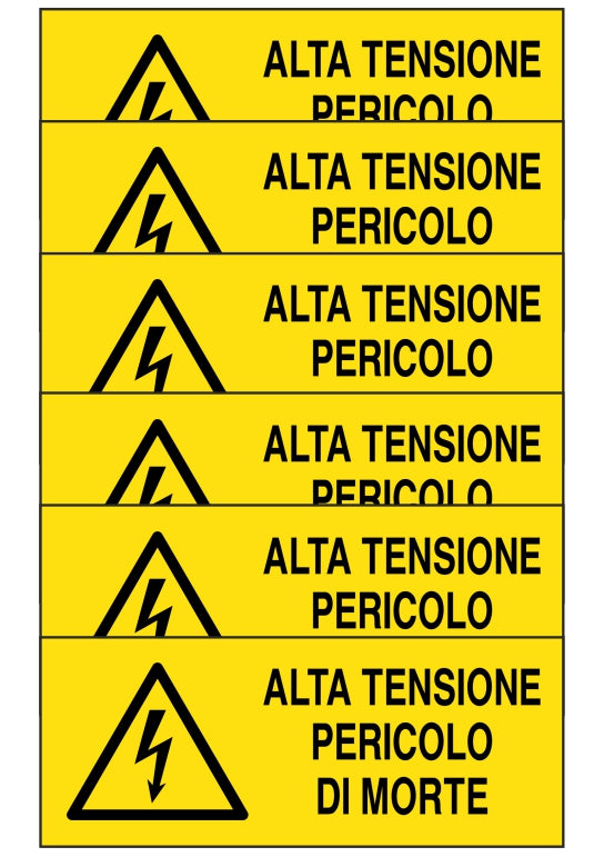KIT DI 6 ADESIVI UNI - ALTA TENSIONE PERICOLO DI MORTE - Pittogramma ISO 7010 Con Stampa Diretta U.V. (IDEALE ANCHE PER ESTERNO)