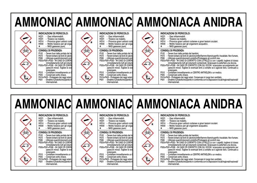 KIT DI 6 ADESIVI RETTANGOLARI - AMMONIACA ANIDRA RISCHI E CONSIGLI DI PRUDENZA - Pittogramma ISO 7010 Con Stampa Diretta U.V. (IDEALE ANCHE PER ESTERNO)