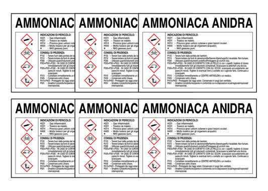 KIT DI 6 ADESIVI RETTANGOLARI - AMMONIACA ANIDRA RISCHI E CONSIGLI DI PRUDENZA - Pittogramma ISO 7010 Con Stampa Diretta U.V. (IDEALE ANCHE PER ESTERNO)