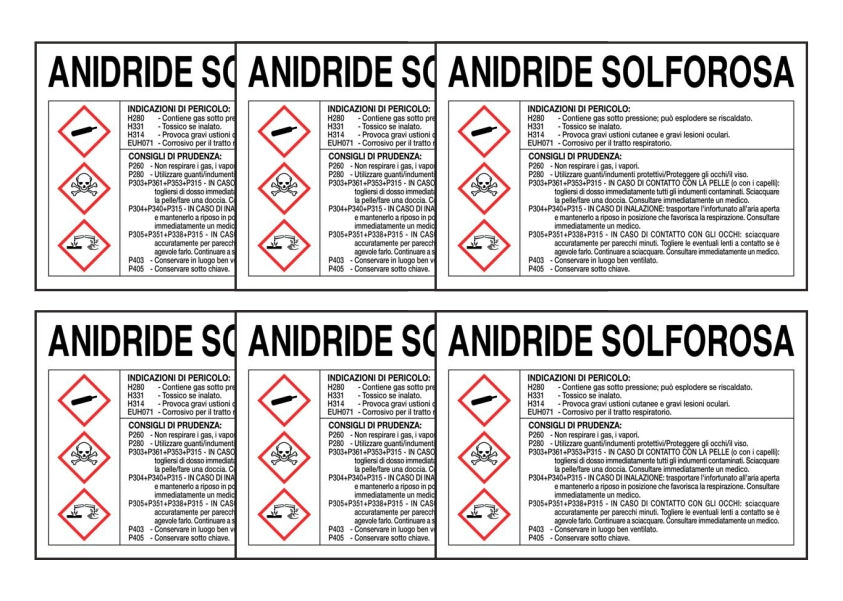 KIT DI 6 ADESIVI RETTANGOLARI - ANIDRIDE SOLFOROSA RISCHI E CONSIGLI DI PRUDENZA- Pittogramma ISO 7010 Con Stampa Diretta U.V. (IDEALE ANCHE PER ESTERNO)