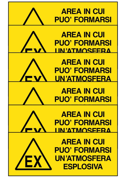 GLOBAL KIT DI 6 ADESIVI UNI - AREA IN CUI PUÒ FORMARSI UN ATMOSFERA ESPLOSIVA - Pittogramma ISO 7010 Con Stampa Diretta U.V. (IDEALE ANCHE PER ESTERNO)