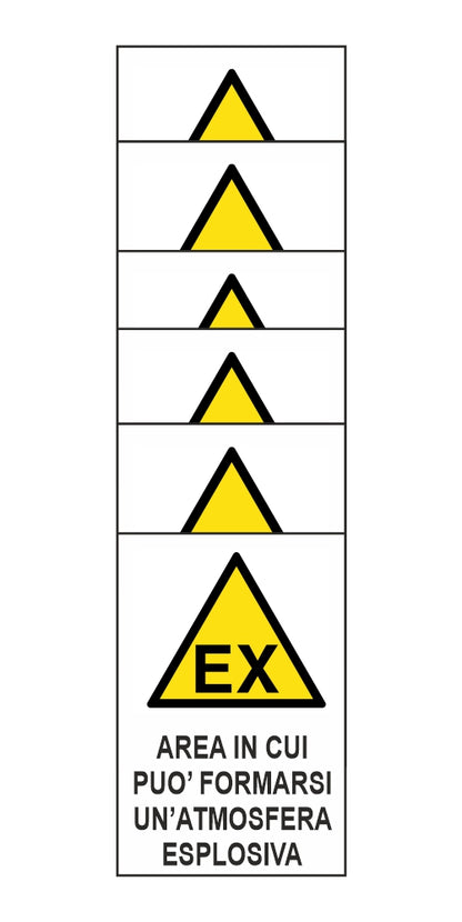 KIT DI 6 ADESIVI RETTANGOLARI - AREA IN CUI PUO FORMARSI UN'ATMOSFERA ESPLOSIVA - Pittogramma ISO 7010 Con Stampa Diretta U.V. (IDEALE ANCHE PER ESTERNO)