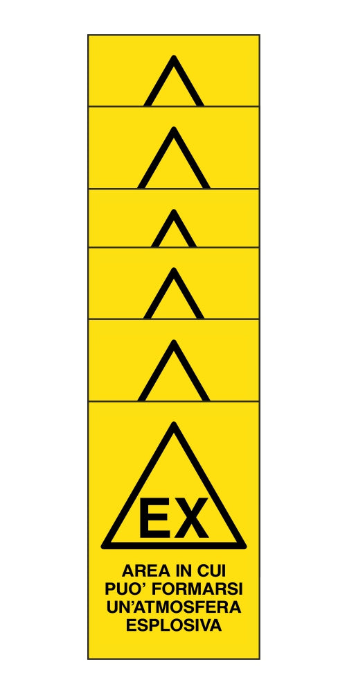 KIT DI 6 ADESIVI RETTANGOLARI - AREA IN CUI PUÒ FORMARSI UN'ATMOSFERA ESPLOSIVA - Pittogramma ISO 7010 Con Stampa Diretta U.V. (IDEALE ANCHE PER ESTERNO)