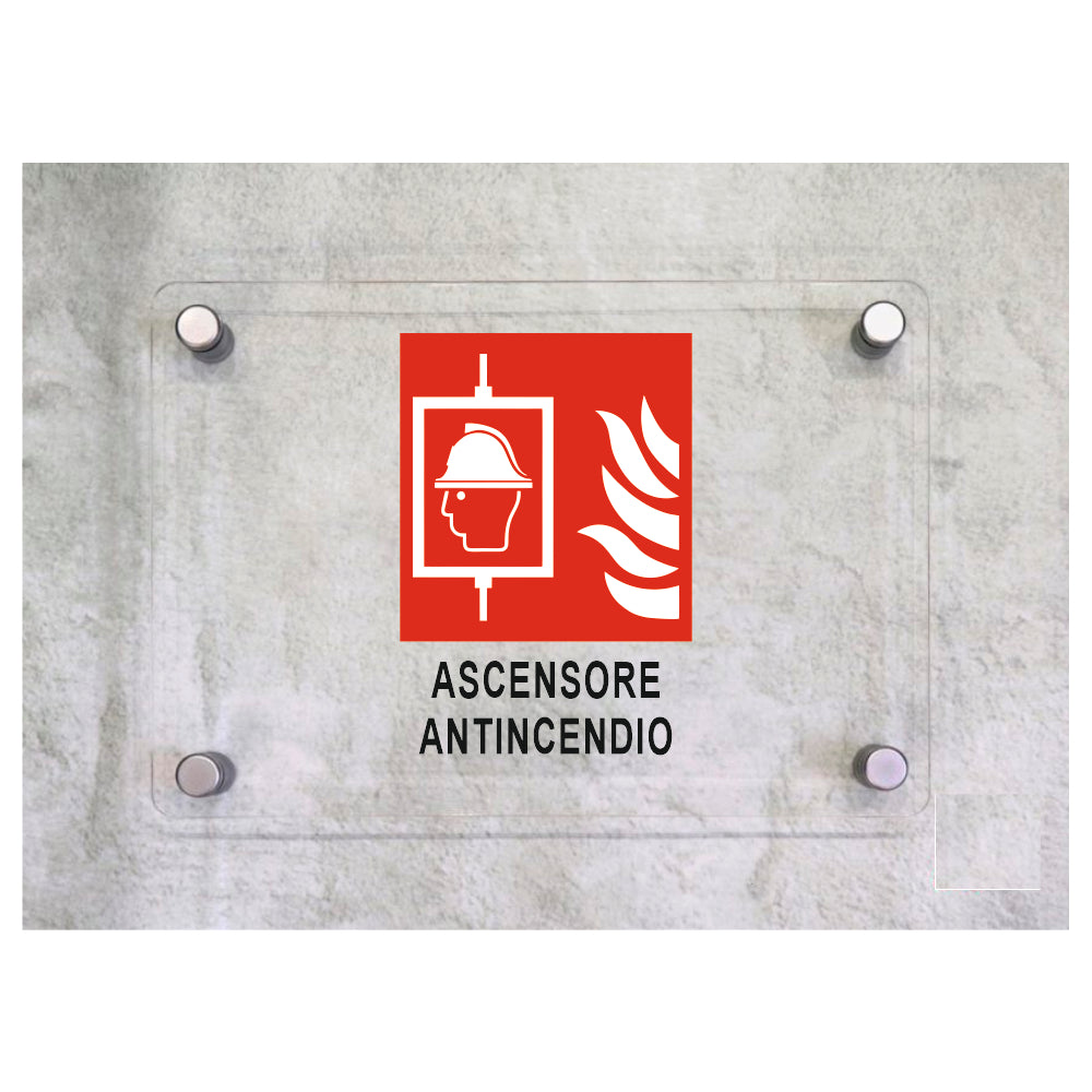 Global Targa Cartello in plexiglass - ASCENSORE ANTINCENDIO - Con Distanziali in acciaio inox, Stampa UV.