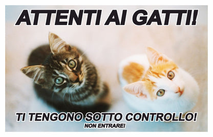 GLOBAL CARTELLO SEGNALETICO - ATTENTI AI GATTI TI TENGONO SOTTO CONTROLLO - Adesivo Extra Resistente, Pannello in Forex, Pannello In Alluminio