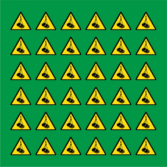 PACCO DA 6 KIT DI 6 ADESIVI TRIANGOLARI - ATTENZIONE AI CARICHI SOSPESI - Pittogramma ISO 7010 Con Stampa Diretta U.V.