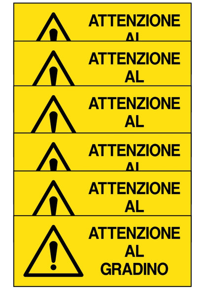 GLOBAL KIT DI 6 ADESIVI UNI - ATTENZIONE AL GRADINO - Pittogramma ISO 7010 Con Stampa Diretta U.V. (IDEALE ANCHE PER ESTERNO)