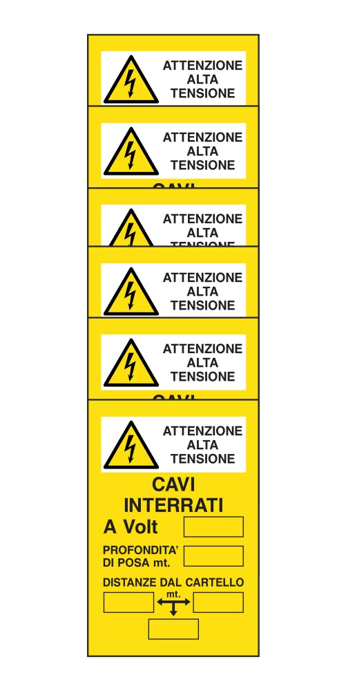 KIT DI 6 ADESIVI RETTANGOLARI - ATTENZIONE ALTA TENSIONE CAVI INTERRATI - Pittogramma ISO 7010 Con Stampa Diretta U.V. (IDEALE ANCHE PER ESTERNO)