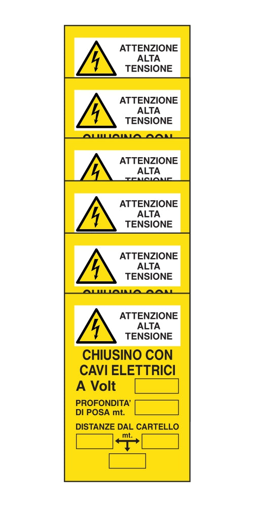 KIT DI 6 ADESIVI RETTANGOLARI - ATTENZIONE ALTA TENSIONE CHIUSINO CON CAVI ELETTRICI - Pittogramma ISO 7010 Con Stampa Diretta U.V. (IDEALE ANCHE PER ESTERNO)